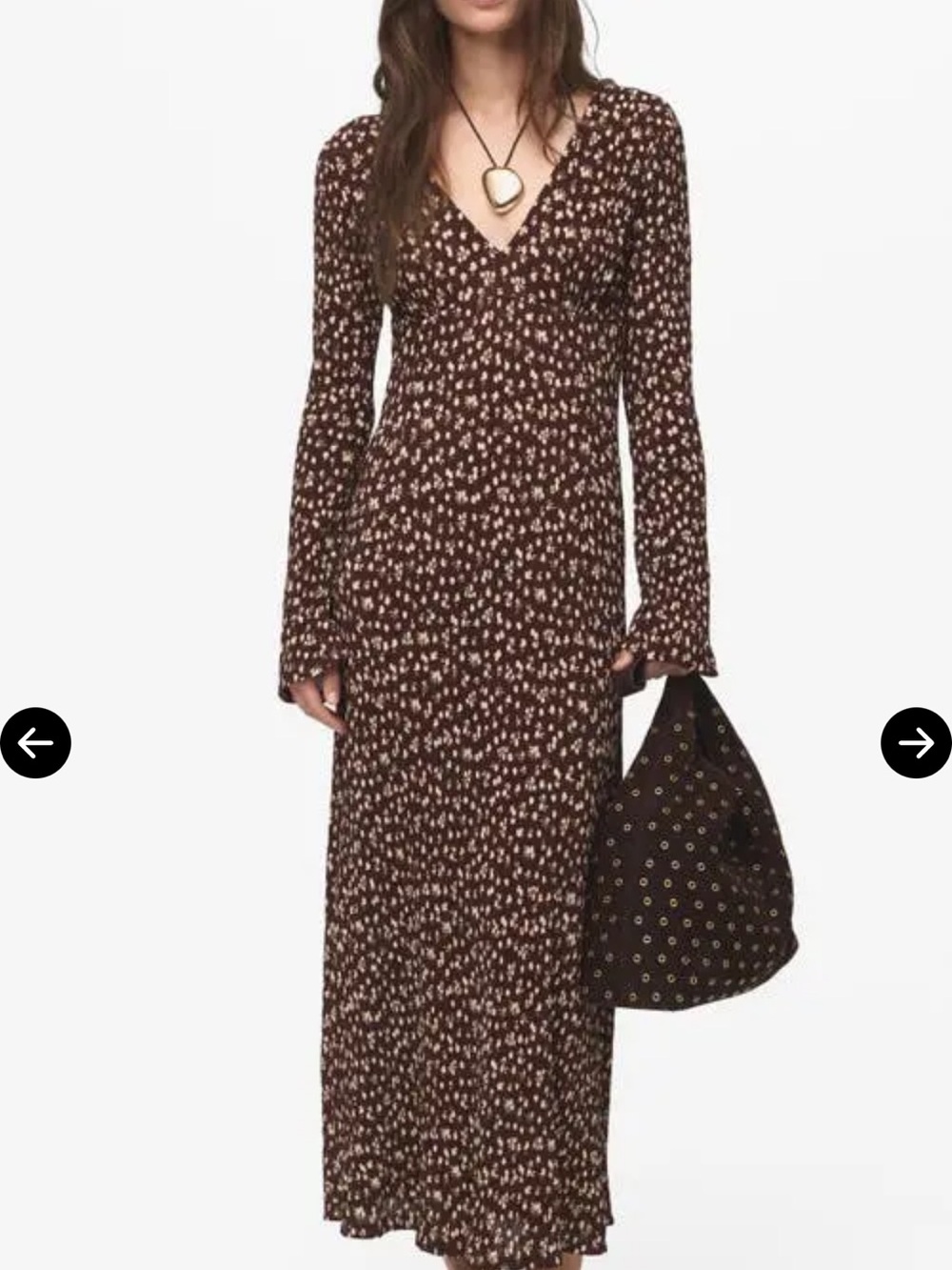 Mango Brown Floral V-Neck Long Sleeve Maxi Dress
